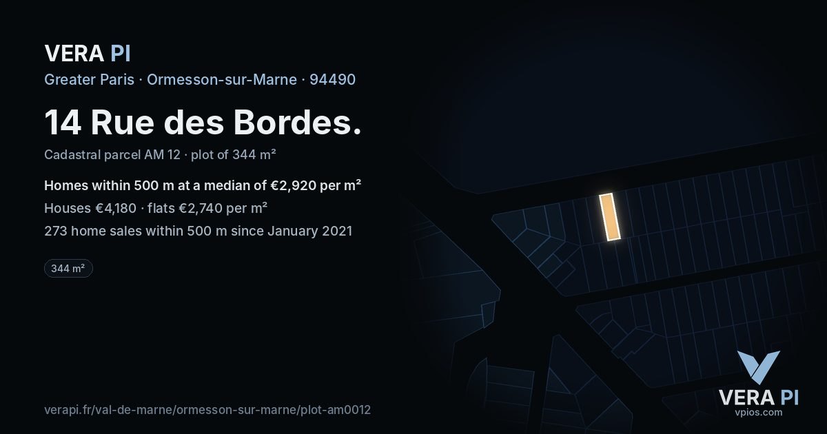 14 Rue des Bordes, Ormesson-sur-Marne at night – the plot lit, the parcels around coloured by the prices near them