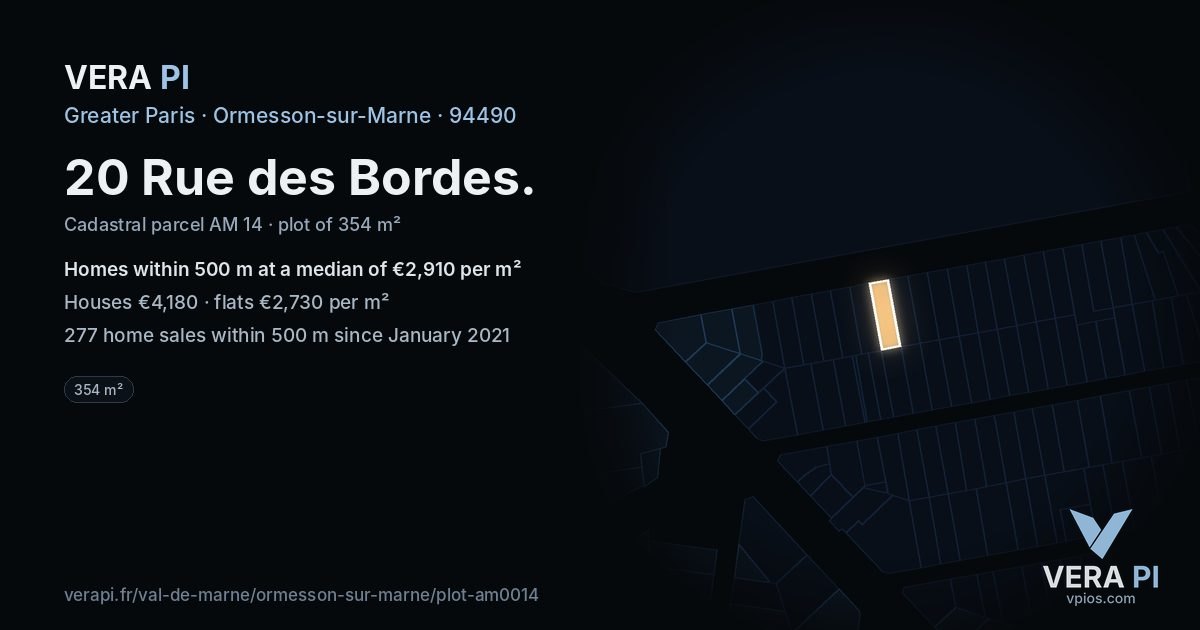 20 Rue des Bordes, Ormesson-sur-Marne at night – the plot lit, the parcels around coloured by the prices near them