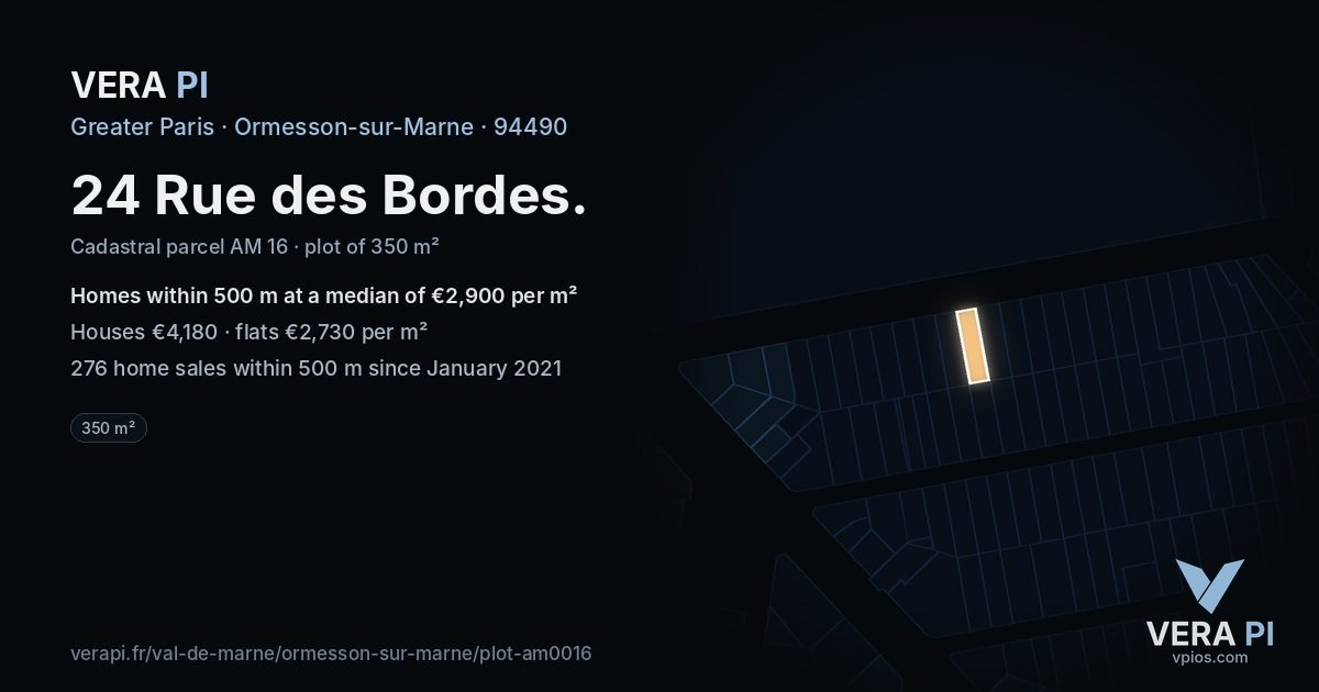 24 Rue des Bordes, Ormesson-sur-Marne at night – the plot lit, the parcels around coloured by the prices near them