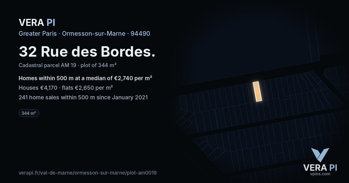32 Rue des Bordes, Ormesson-sur-Marne at night – the plot lit, the parcels around coloured by the prices near them