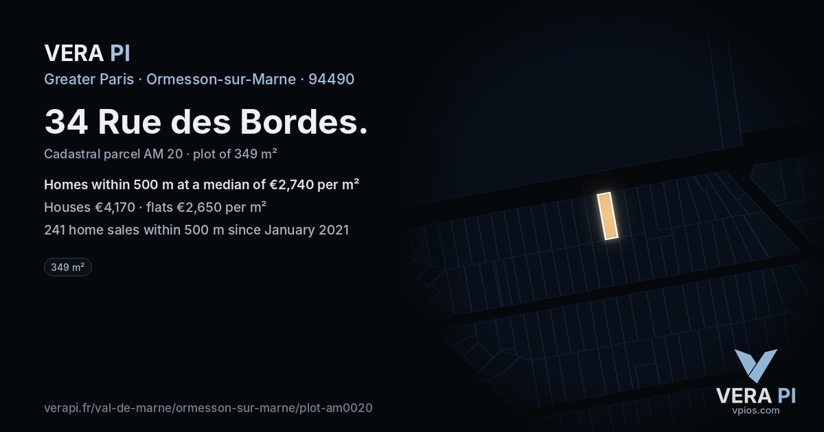 34 Rue des Bordes, Ormesson-sur-Marne at night – the plot lit, the parcels around coloured by the prices near them