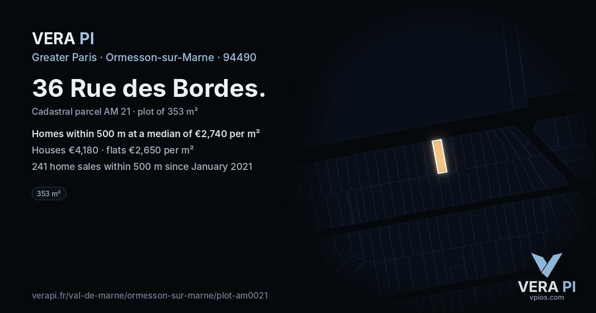 36 Rue des Bordes, Ormesson-sur-Marne at night – the plot lit, the parcels around coloured by the prices near them