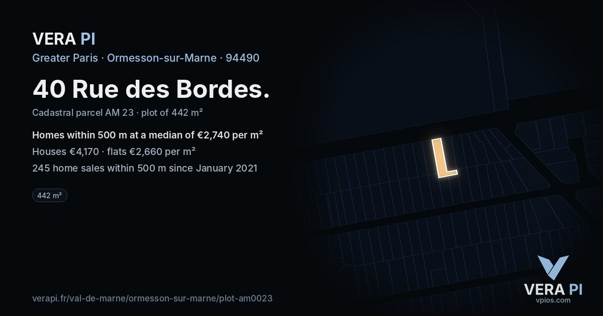 40 Rue des Bordes, Ormesson-sur-Marne at night – the plot lit, the parcels around coloured by the prices near them
