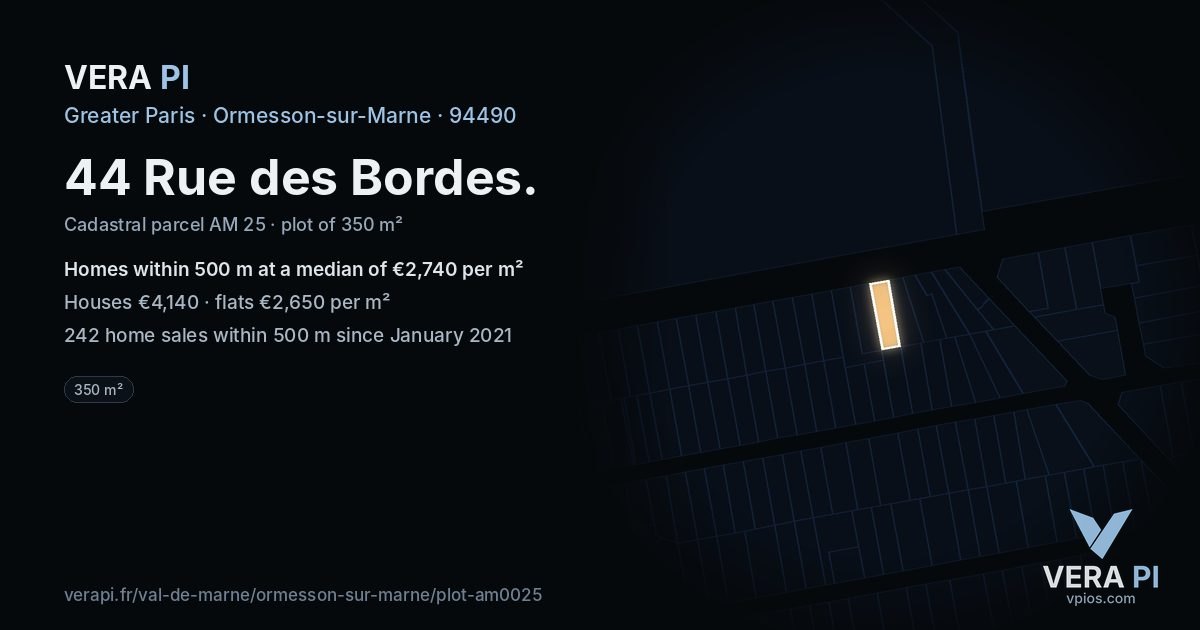 44 Rue des Bordes, Ormesson-sur-Marne at night – the plot lit, the parcels around coloured by the prices near them