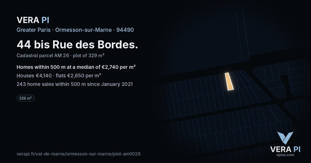44 bis Rue des Bordes, Ormesson-sur-Marne at night – the plot lit, the parcels around coloured by the prices near them