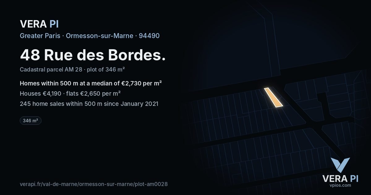 48 Rue des Bordes, Ormesson-sur-Marne at night – the plot lit, the parcels around coloured by the prices near them