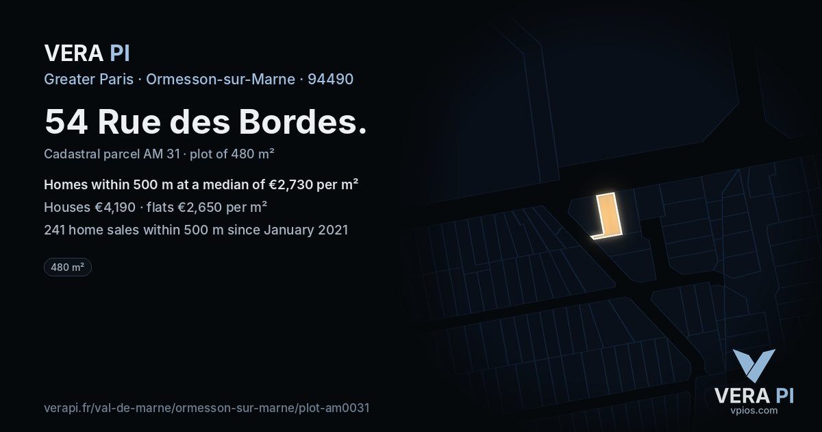 54 Rue des Bordes, Ormesson-sur-Marne at night – the plot lit, the parcels around coloured by the prices near them