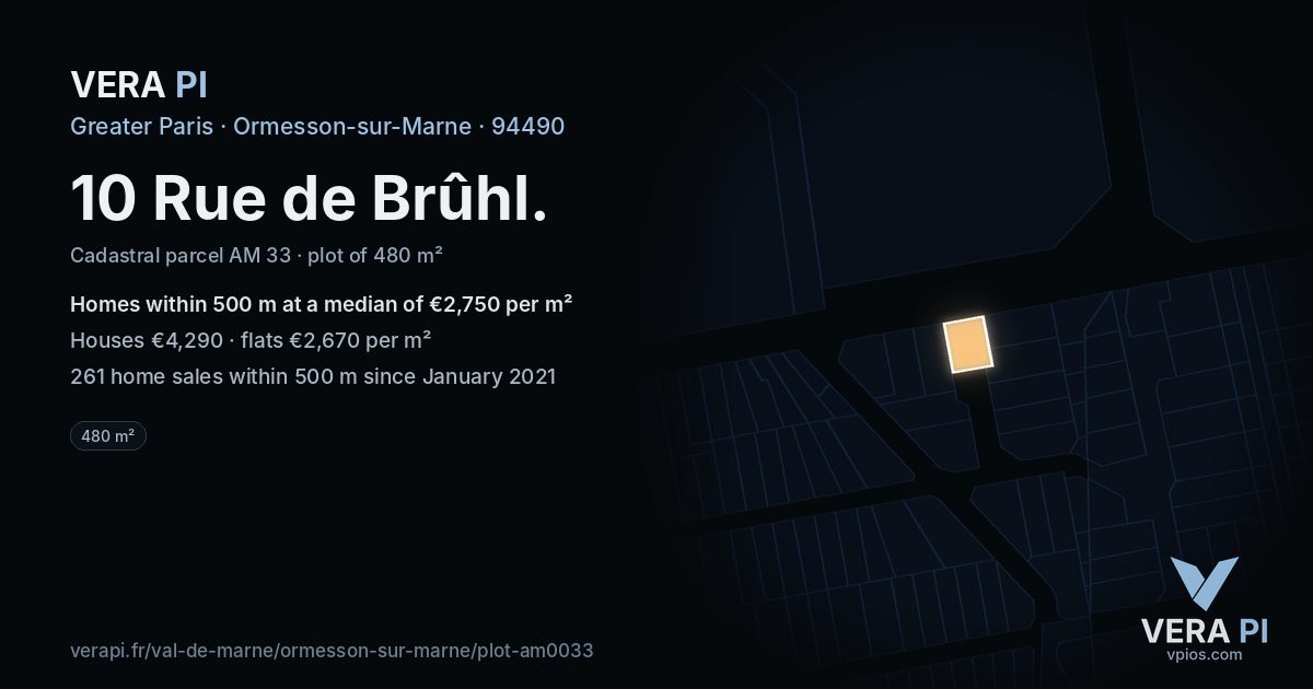10 Rue de Brûhl, Ormesson-sur-Marne at night – the plot lit, the parcels around coloured by the prices near them