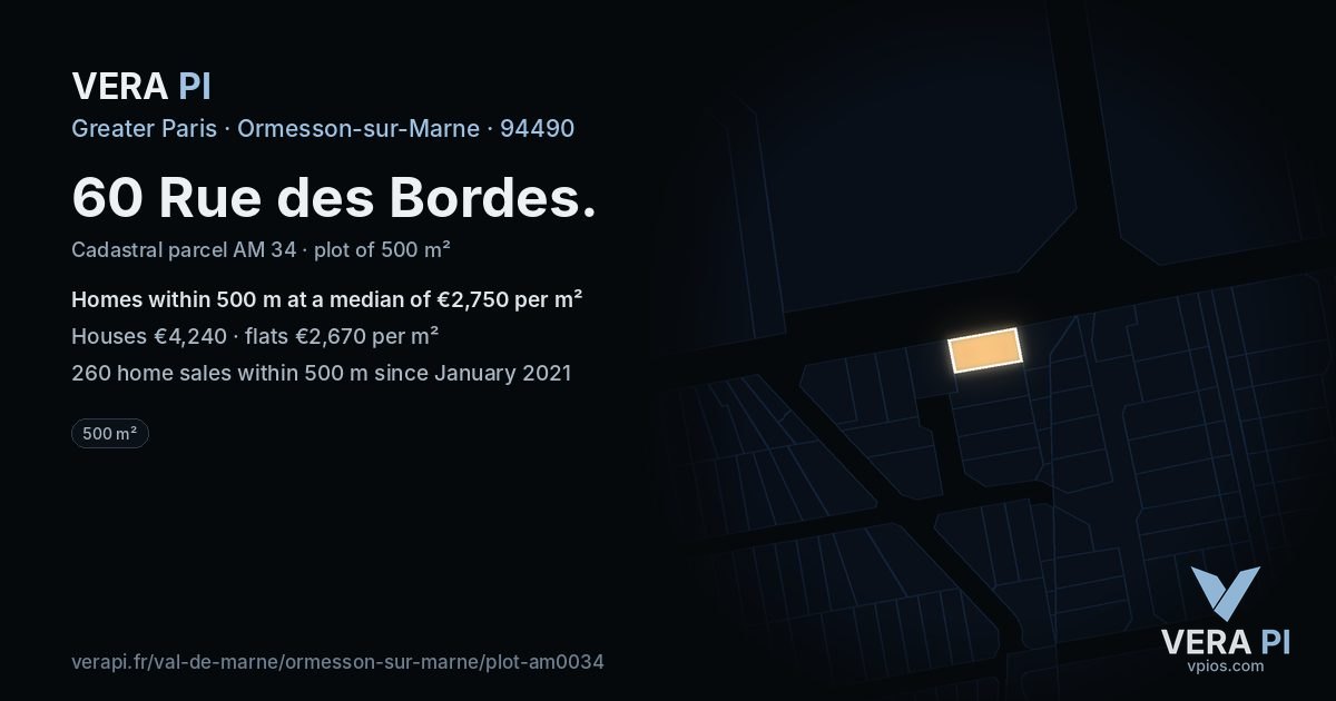 60 Rue des Bordes, Ormesson-sur-Marne at night – the plot lit, the parcels around coloured by the prices near them