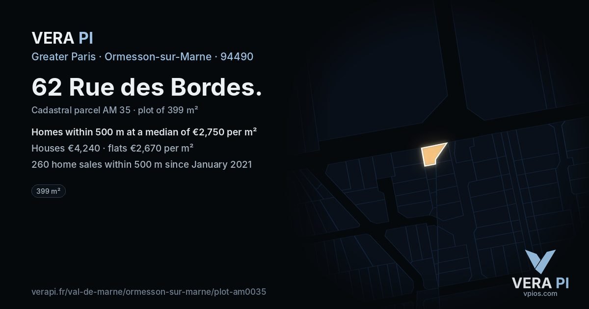62 Rue des Bordes, Ormesson-sur-Marne at night – the plot lit, the parcels around coloured by the prices near them