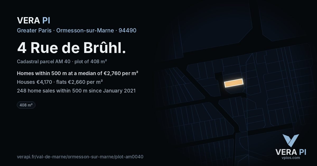 4 Rue de Brûhl, Ormesson-sur-Marne at night – the plot lit, the parcels around coloured by the prices near them