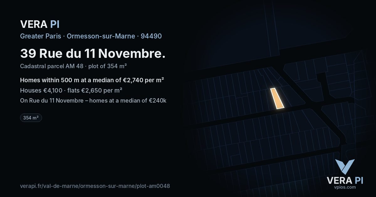 39 Rue du 11 Novembre, Ormesson-sur-Marne at night – the plot lit, the parcels around coloured by the prices near them