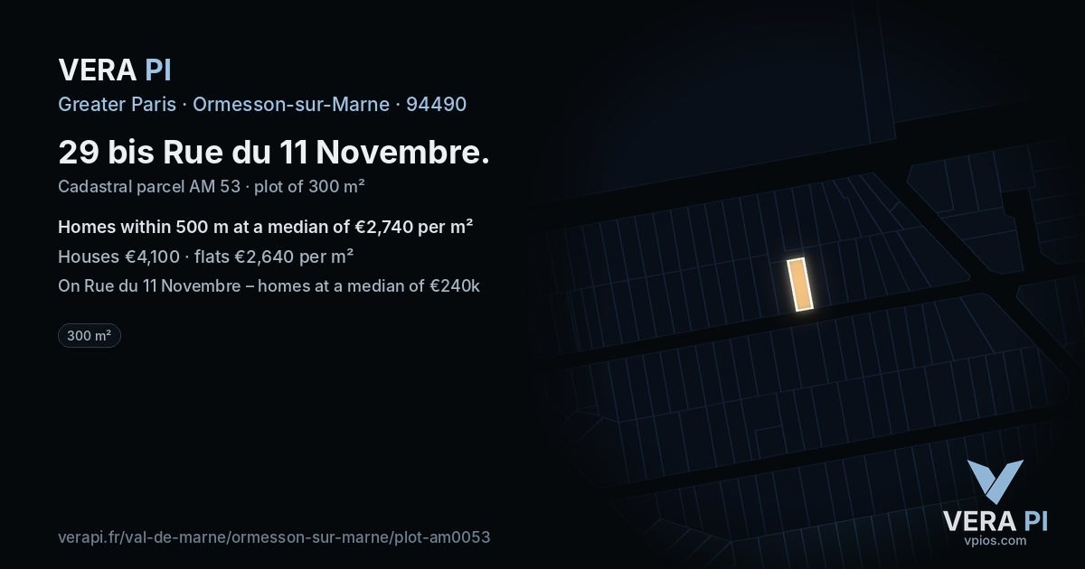 29 bis Rue du 11 Novembre, Ormesson-sur-Marne at night – the plot lit, the parcels around coloured by the prices near them