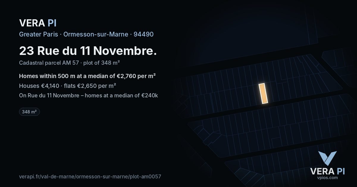 23 Rue du 11 Novembre, Ormesson-sur-Marne at night – the plot lit, the parcels around coloured by the prices near them