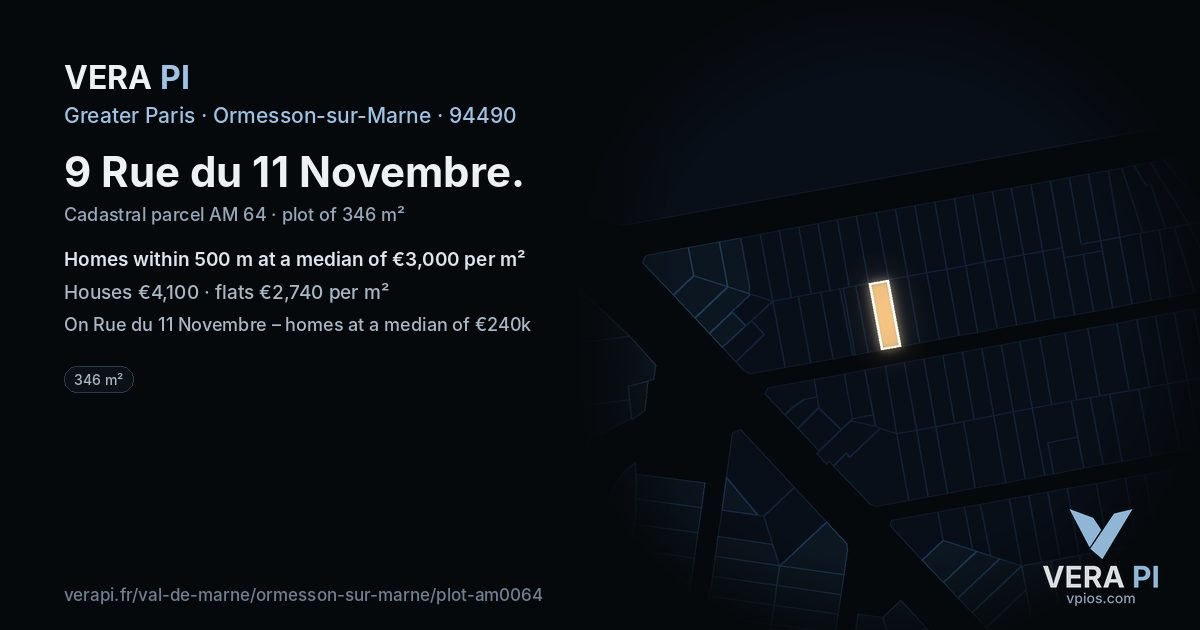 9 Rue du 11 Novembre, Ormesson-sur-Marne at night – the plot lit, the parcels around coloured by the prices near them