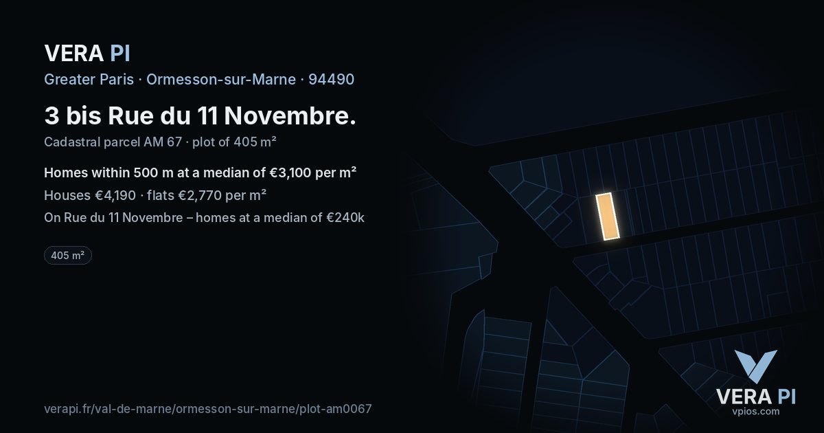 3 bis Rue du 11 Novembre, Ormesson-sur-Marne at night – the plot lit, the parcels around coloured by the prices near them