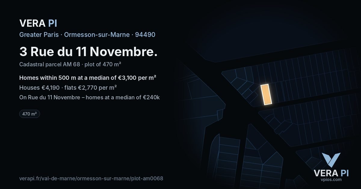 3 Rue du 11 Novembre, Ormesson-sur-Marne at night – the plot lit, the parcels around coloured by the prices near them