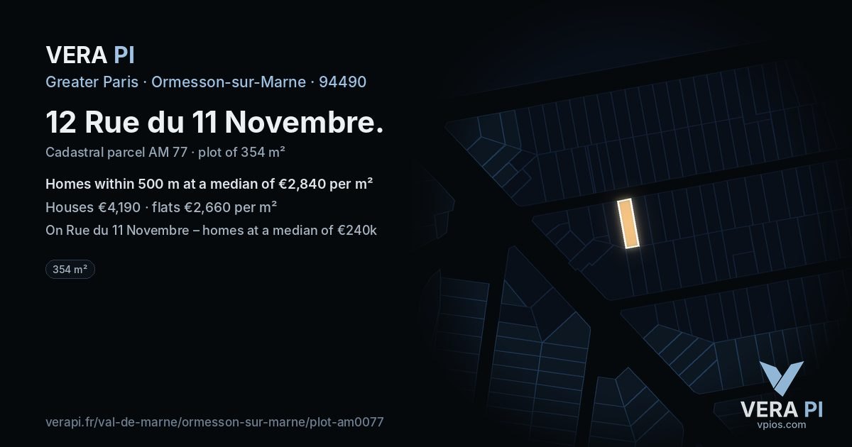 12 Rue du 11 Novembre, Ormesson-sur-Marne at night – the plot lit, the parcels around coloured by the prices near them