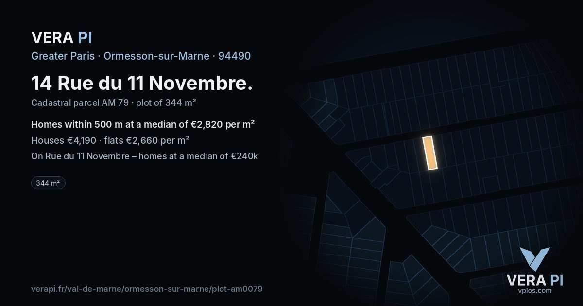 14 Rue du 11 Novembre, Ormesson-sur-Marne at night – the plot lit, the parcels around coloured by the prices near them