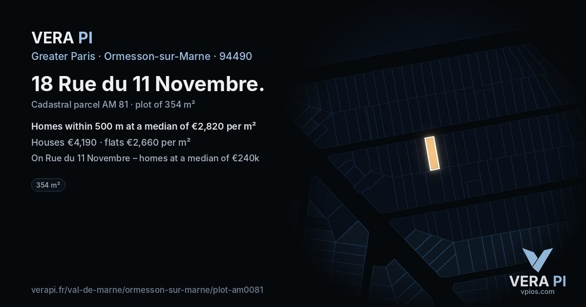 18 Rue du 11 Novembre, Ormesson-sur-Marne at night – the plot lit, the parcels around coloured by the prices near them