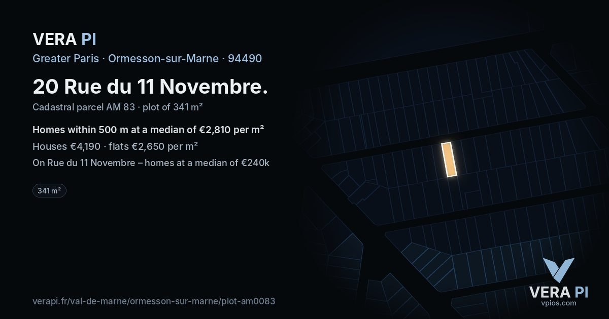 20 Rue du 11 Novembre, Ormesson-sur-Marne at night – the plot lit, the parcels around coloured by the prices near them