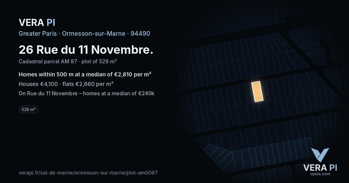 26 Rue du 11 Novembre, Ormesson-sur-Marne at night – the plot lit, the parcels around coloured by the prices near them