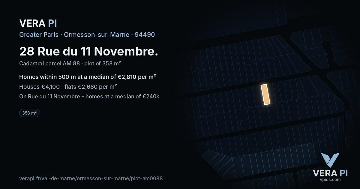 28 Rue du 11 Novembre, Ormesson-sur-Marne at night – the plot lit, the parcels around coloured by the prices near them
