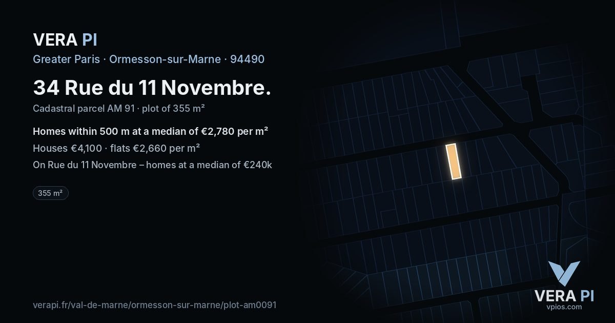 34 Rue du 11 Novembre, Ormesson-sur-Marne at night – the plot lit, the parcels around coloured by the prices near them
