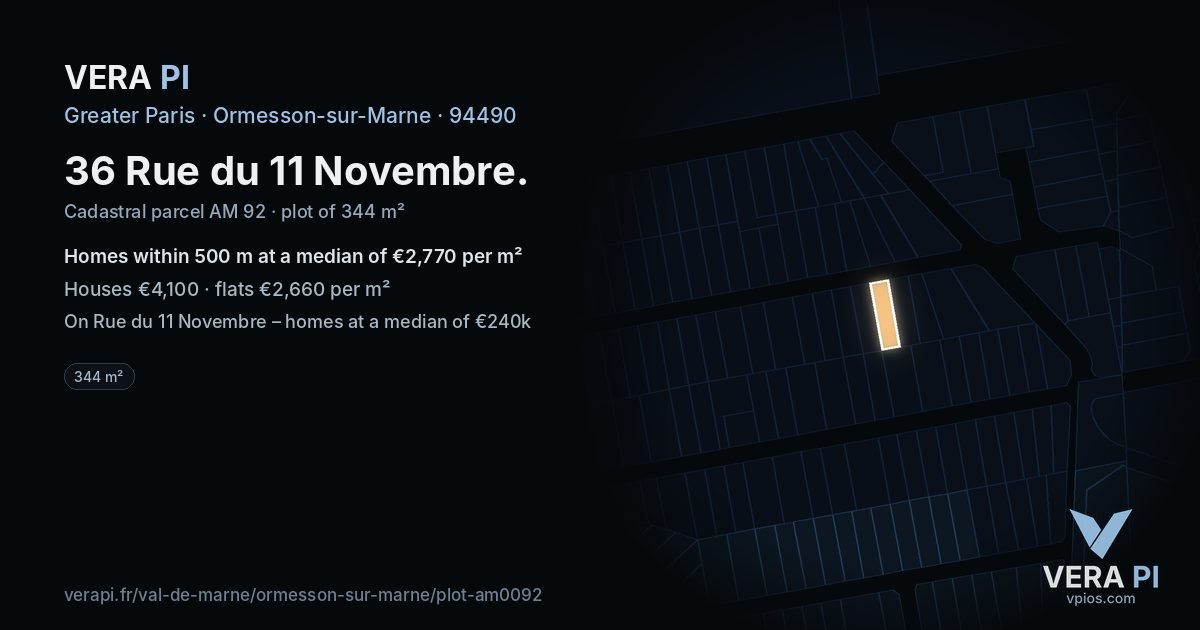 36 Rue du 11 Novembre, Ormesson-sur-Marne at night – the plot lit, the parcels around coloured by the prices near them