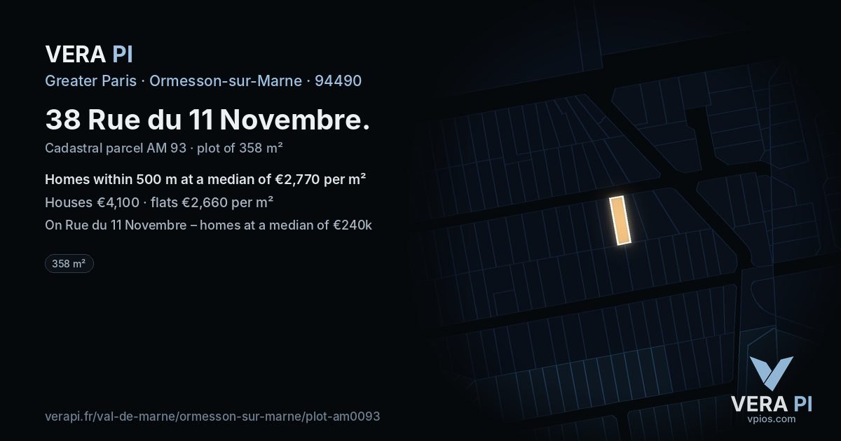 38 Rue du 11 Novembre, Ormesson-sur-Marne at night – the plot lit, the parcels around coloured by the prices near them