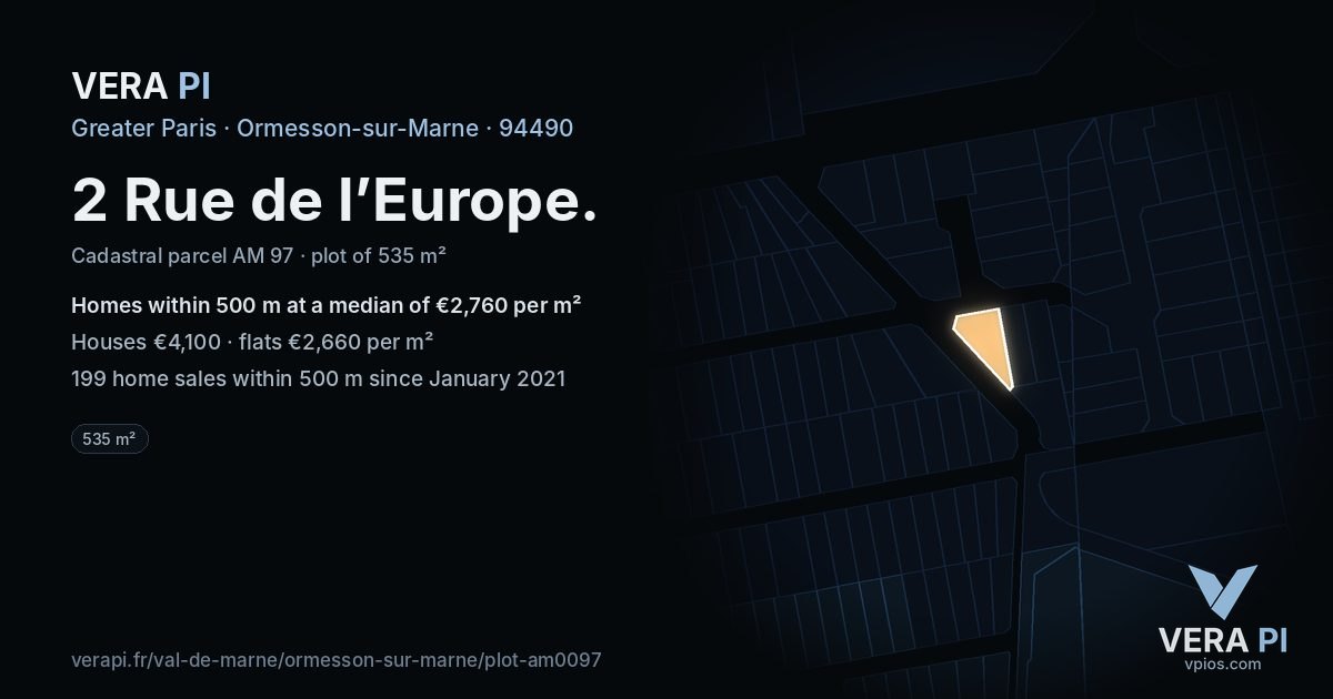 2 Rue de l’Europe, Ormesson-sur-Marne at night – the plot lit, the parcels around coloured by the prices near them