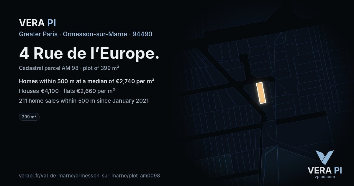 4 Rue de l’Europe, Ormesson-sur-Marne at night – the plot lit, the parcels around coloured by the prices near them