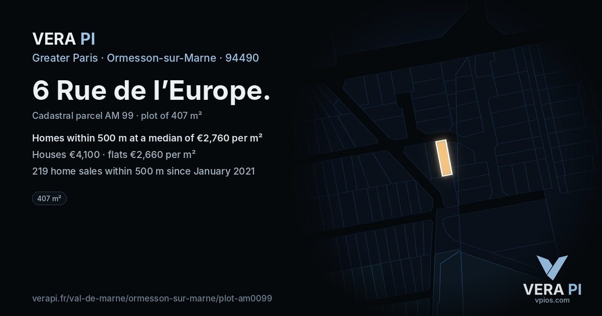 6 Rue de l’Europe, Ormesson-sur-Marne at night – the plot lit, the parcels around coloured by the prices near them