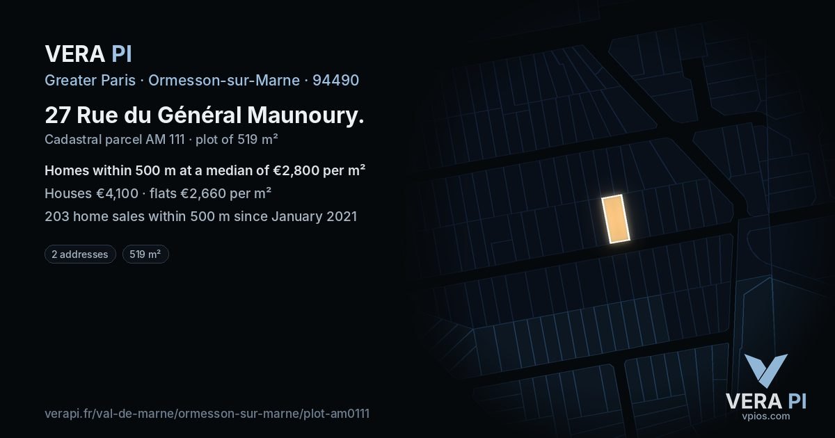 27 Rue du Général Maunoury, Ormesson-sur-Marne at night – the plot lit, the parcels around coloured by the prices near them