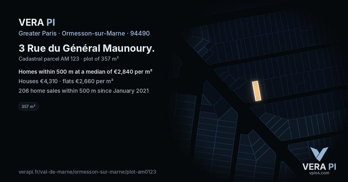 3 Rue du Général Maunoury, Ormesson-sur-Marne at night – the plot lit, the parcels around coloured by the prices near them