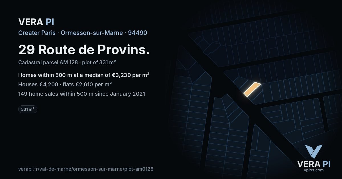 29 Route de Provins, Ormesson-sur-Marne at night – the plot lit, the parcels around coloured by the prices near them