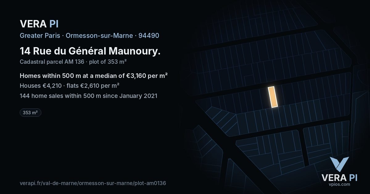 14 Rue du Général Maunoury, Ormesson-sur-Marne at night – the plot lit, the parcels around coloured by the prices near them