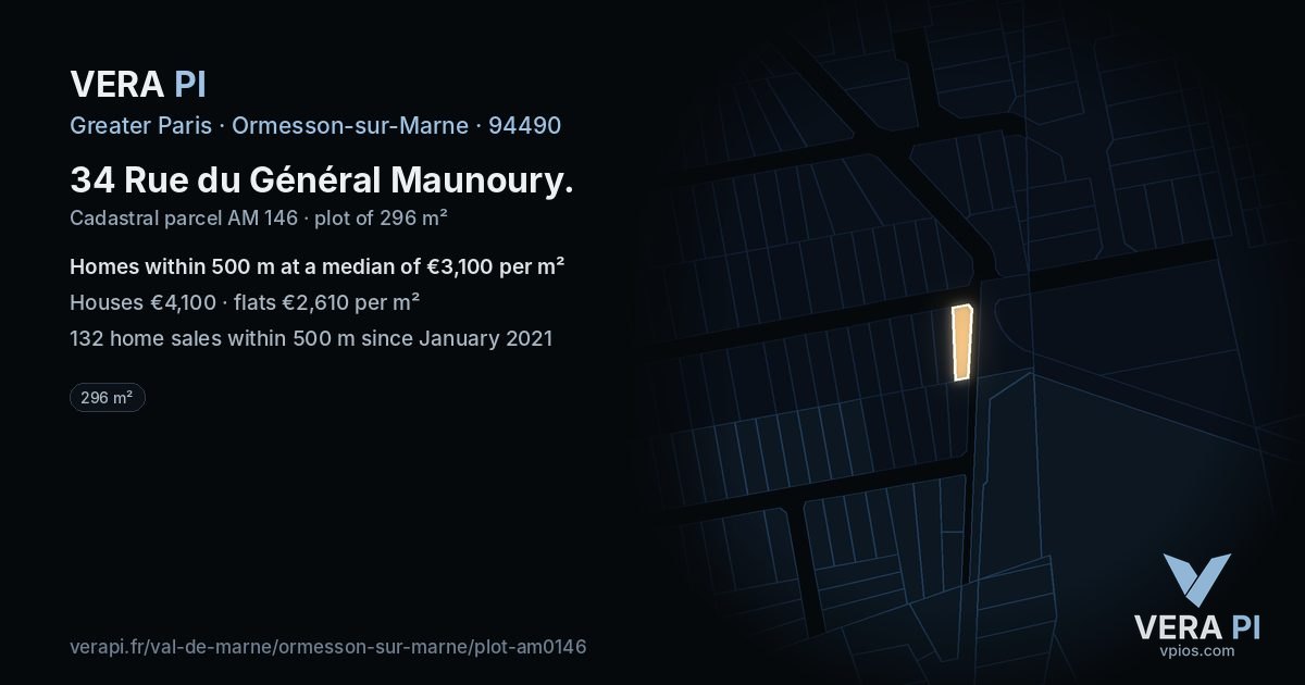 34 Rue du Général Maunoury, Ormesson-sur-Marne at night – the plot lit, the parcels around coloured by the prices near them