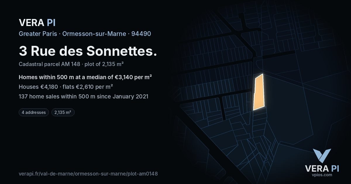 3 Rue des Sonnettes, Ormesson-sur-Marne at night – the plot lit, the parcels around coloured by the prices near them