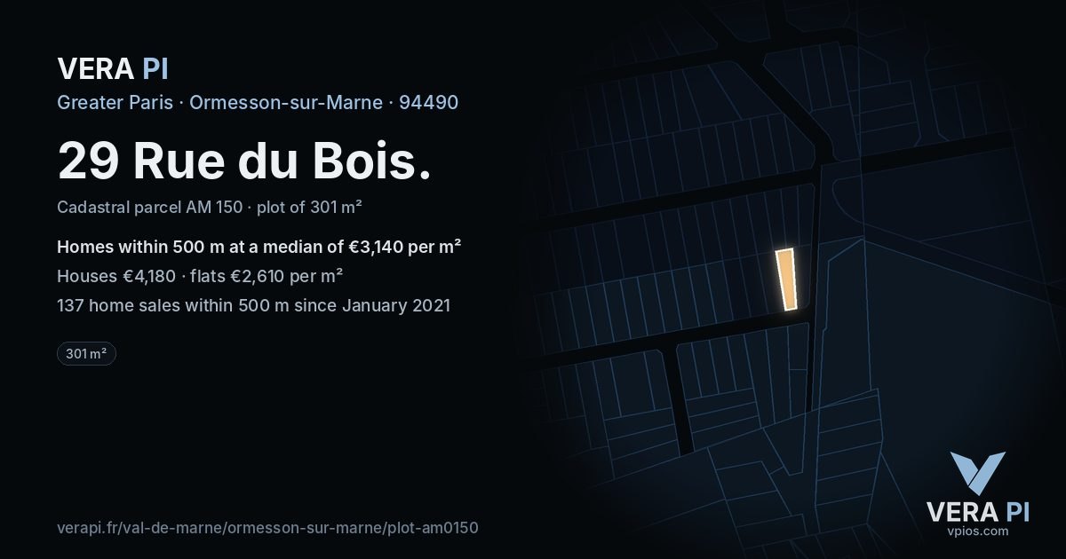 29 Rue du Bois, Ormesson-sur-Marne at night – the plot lit, the parcels around coloured by the prices near them