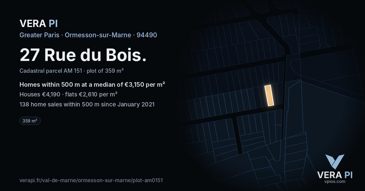 27 Rue du Bois, Ormesson-sur-Marne at night – the plot lit, the parcels around coloured by the prices near them