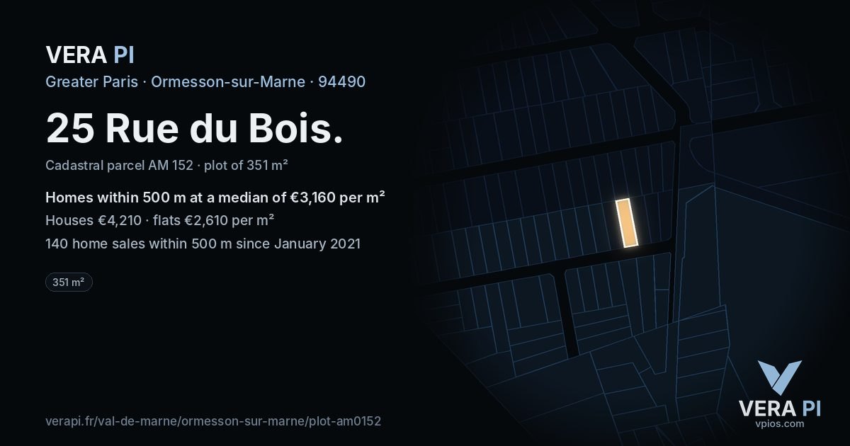 25 Rue du Bois, Ormesson-sur-Marne at night – the plot lit, the parcels around coloured by the prices near them
