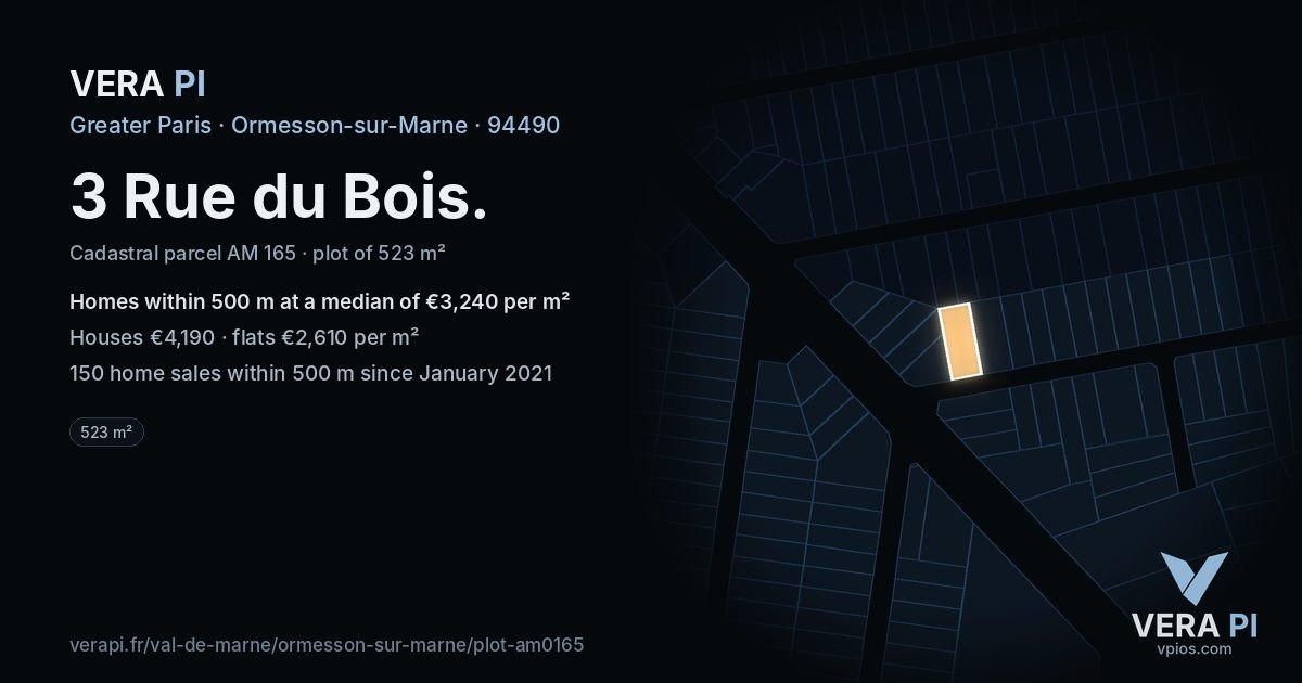 3 Rue du Bois, Ormesson-sur-Marne at night – the plot lit, the parcels around coloured by the prices near them