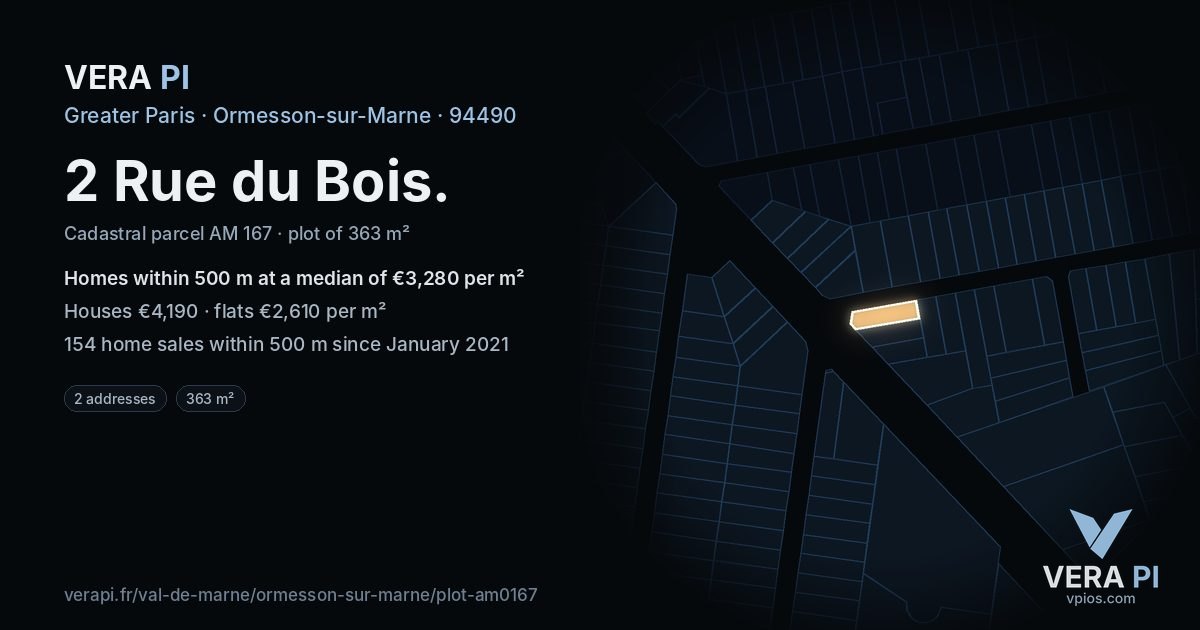 2 Rue du Bois, Ormesson-sur-Marne at night – the plot lit, the parcels around coloured by the prices near them