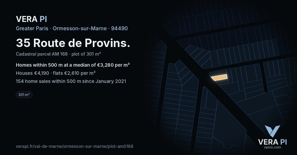 35 Route de Provins, Ormesson-sur-Marne at night – the plot lit, the parcels around coloured by the prices near them
