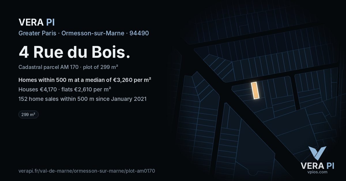 4 Rue du Bois, Ormesson-sur-Marne at night – the plot lit, the parcels around coloured by the prices near them