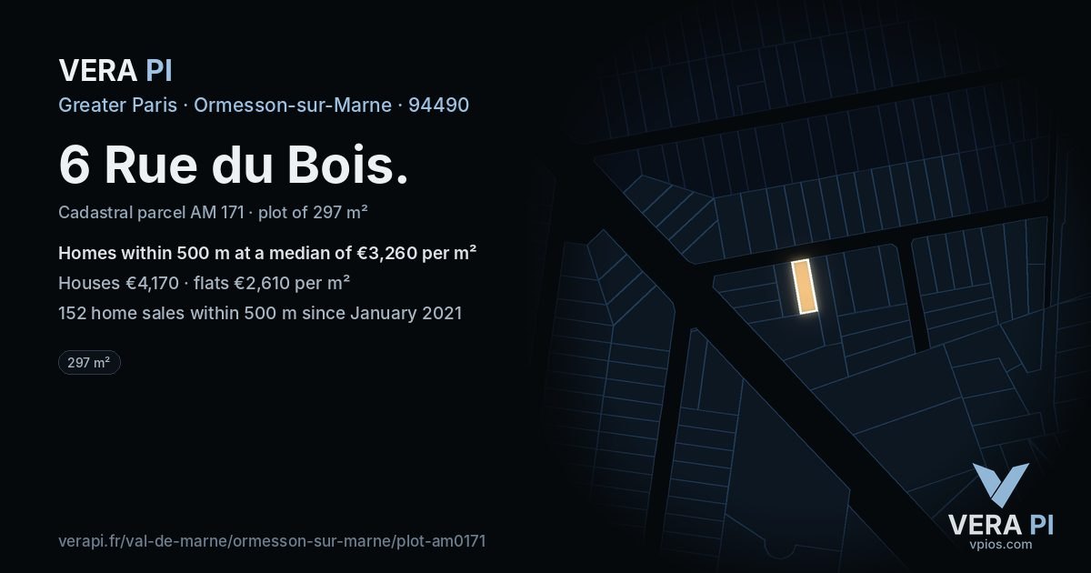 6 Rue du Bois, Ormesson-sur-Marne at night – the plot lit, the parcels around coloured by the prices near them
