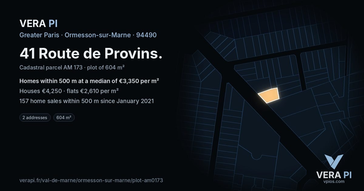 41 Route de Provins, Ormesson-sur-Marne at night – the plot lit, the parcels around coloured by the prices near them