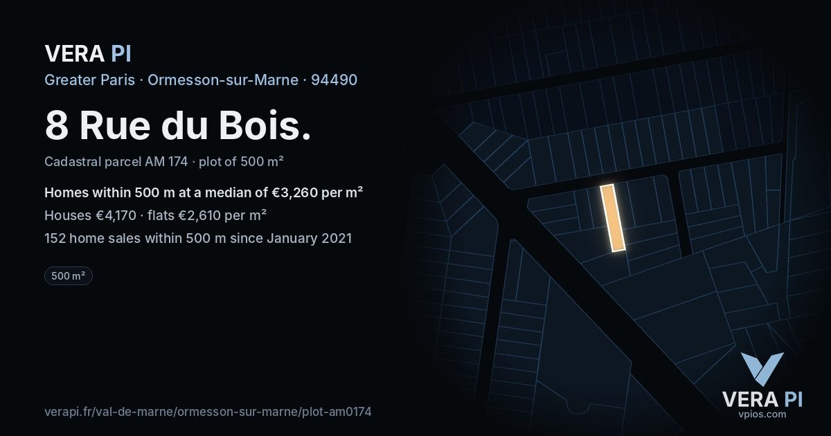 8 Rue du Bois, Ormesson-sur-Marne at night – the plot lit, the parcels around coloured by the prices near them