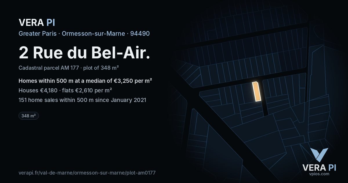 2 Rue du Bel-Air, Ormesson-sur-Marne at night – the plot lit, the parcels around coloured by the prices near them
